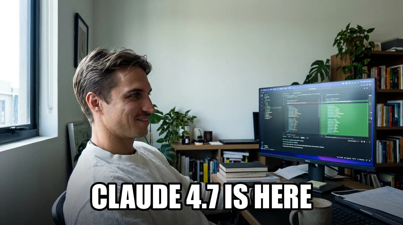 Claude Opus 4.7 launch moment - a code editor working alongside an AI agent.